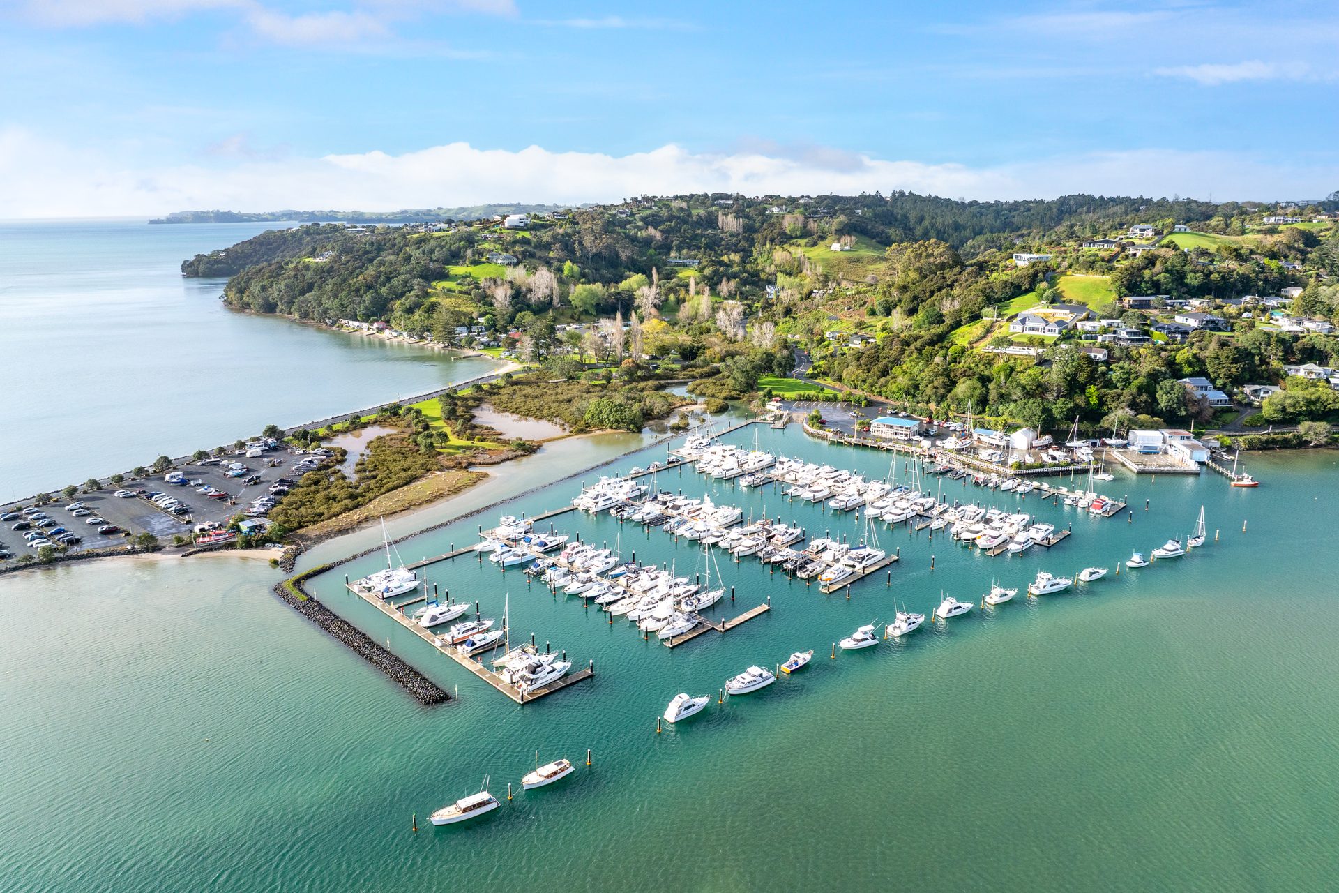 Aerial view of Sandspit marina and the estuary