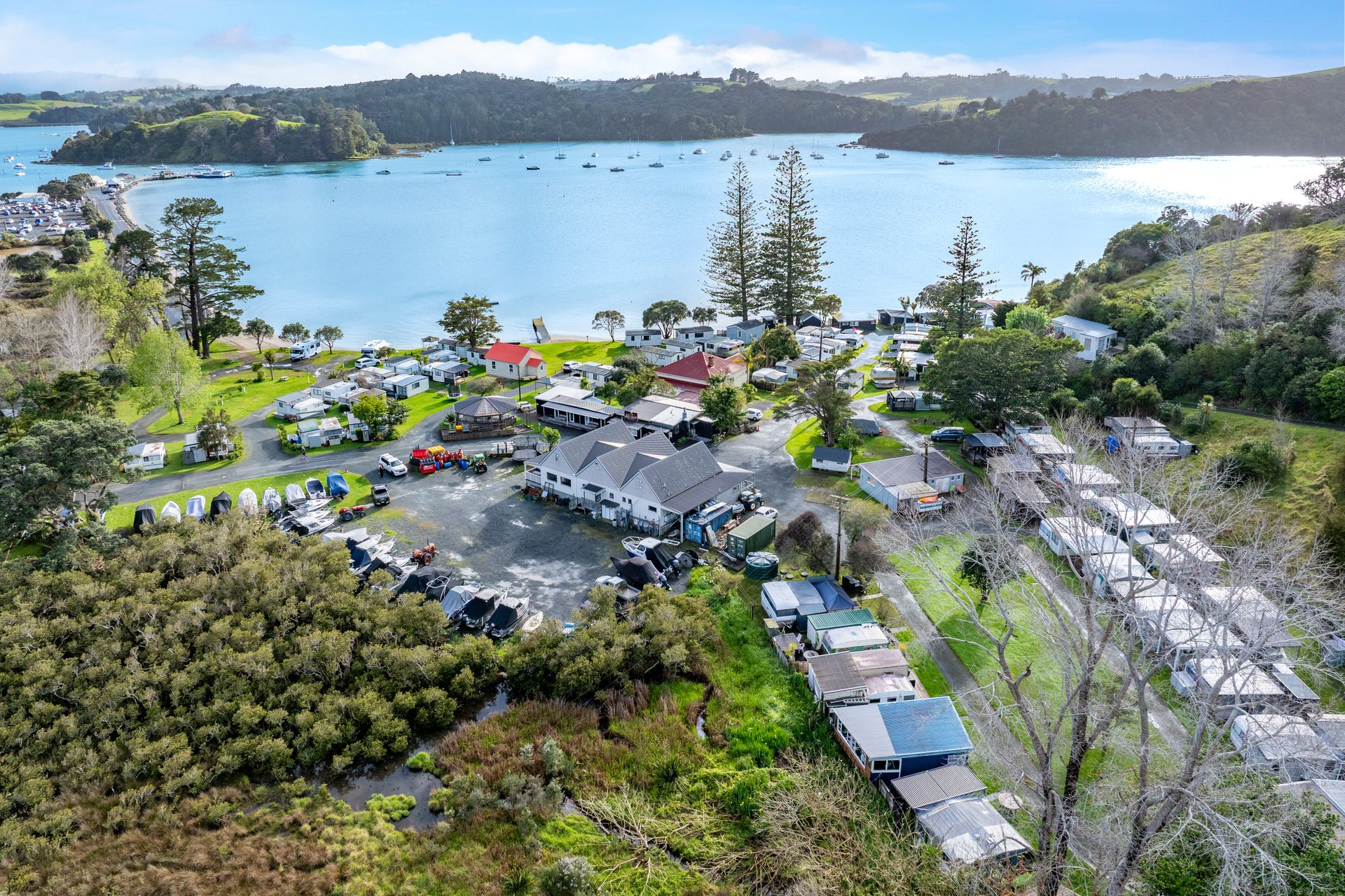 Aerial view of Sandspit Holiday Park by the water